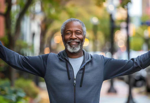 Man enjoying outdoor walk, smiling with arms outstretched in a city setting.