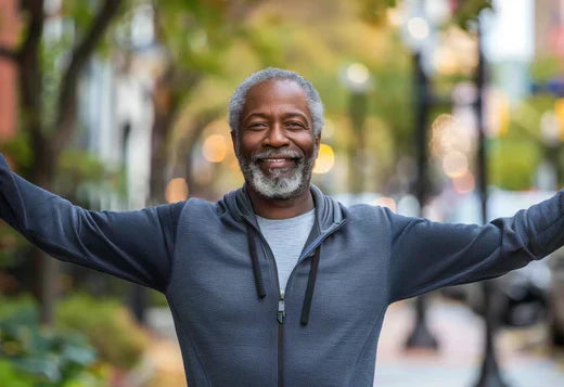 Man enjoying outdoor walk, smiling with arms outstretched in a city setting.