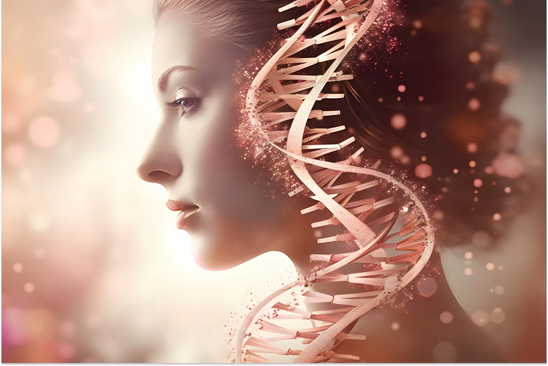 Profile of woman with DNA strand, symbolizing genetics and science.