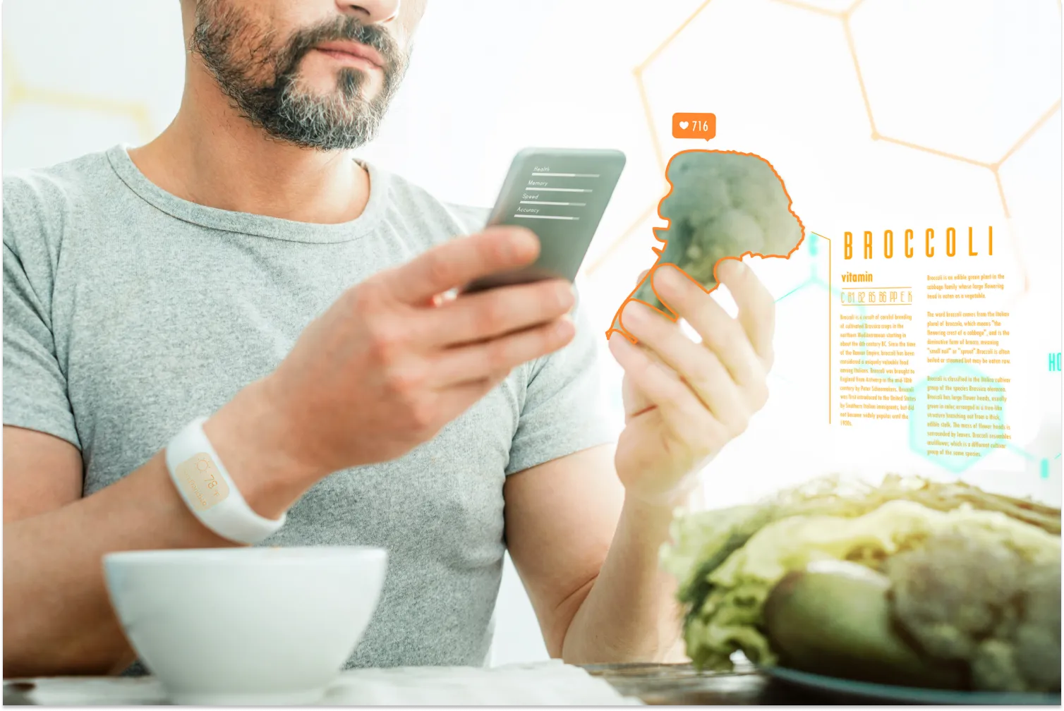 Man holding broccoli and smartphone with food data display.