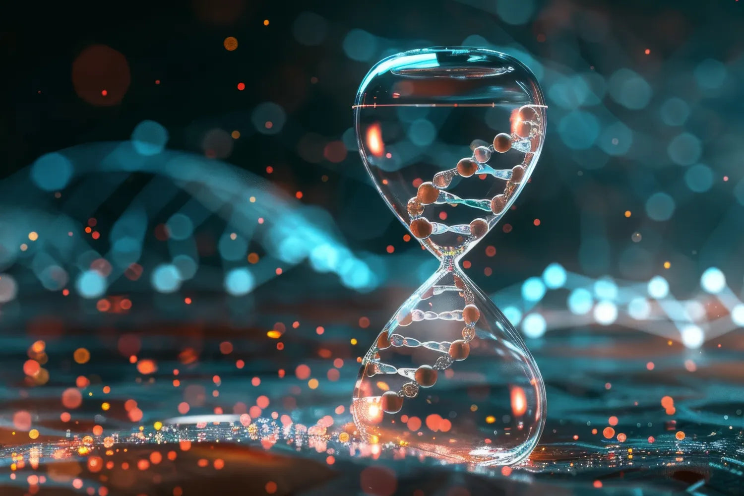DNA double helix in an hourglass, symbolizing time and genetics.