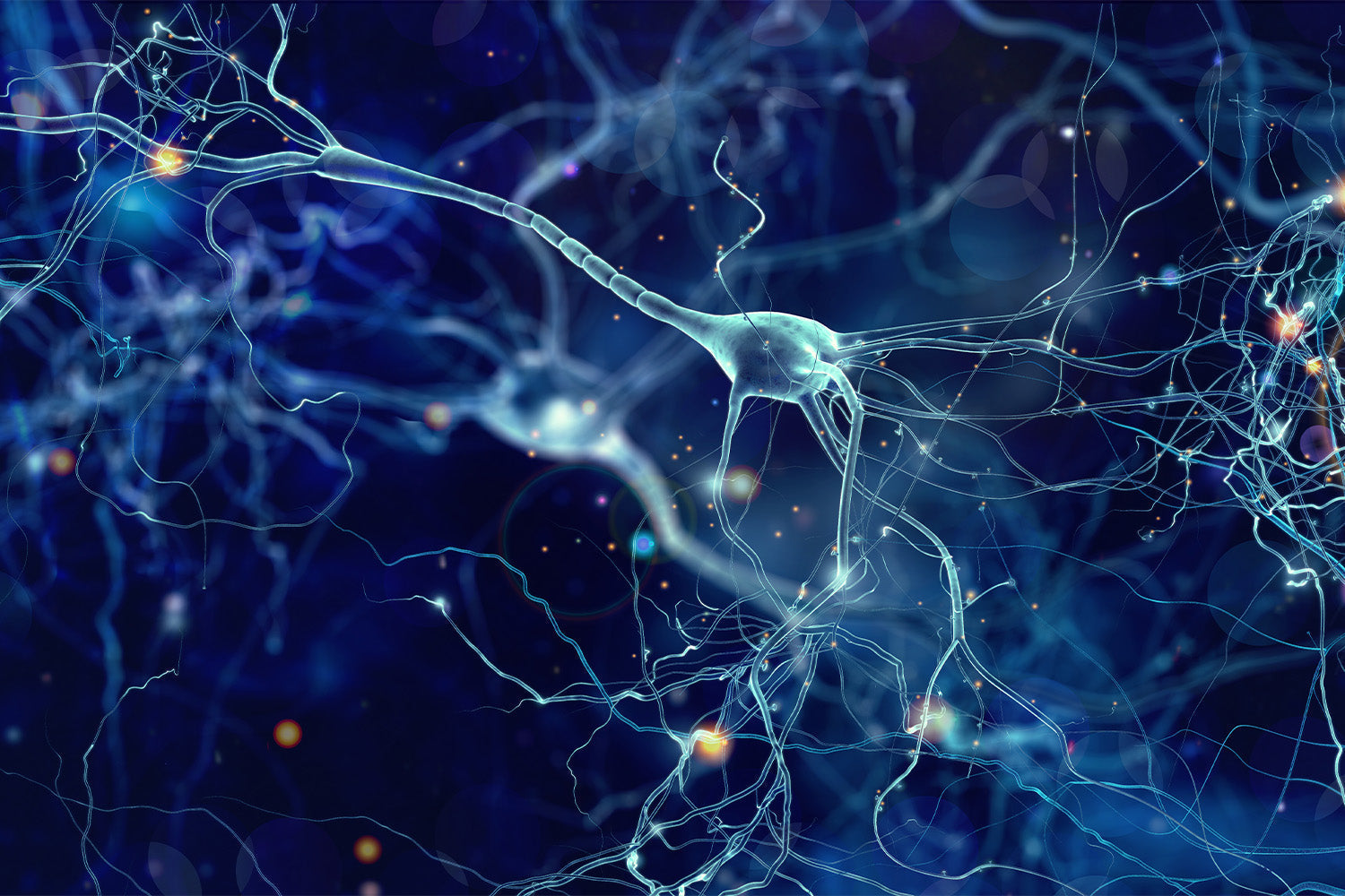 Abstract illustration of neurons and neural connections in a dark blue background.