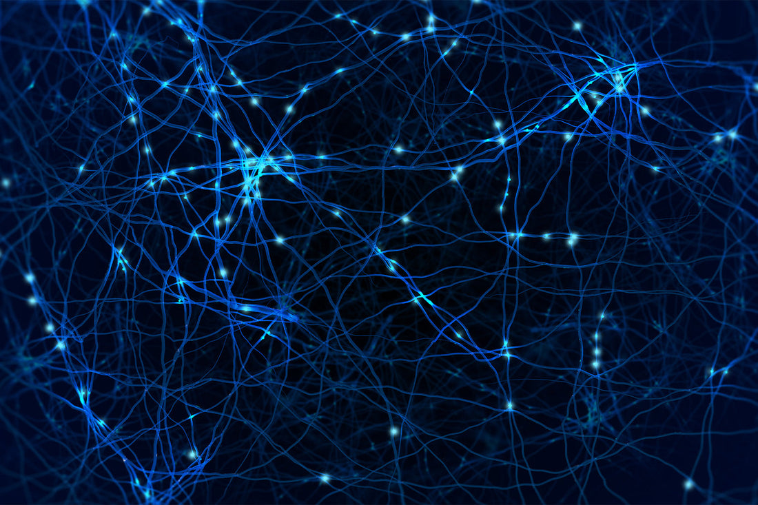 Blue glowing neural network connections.