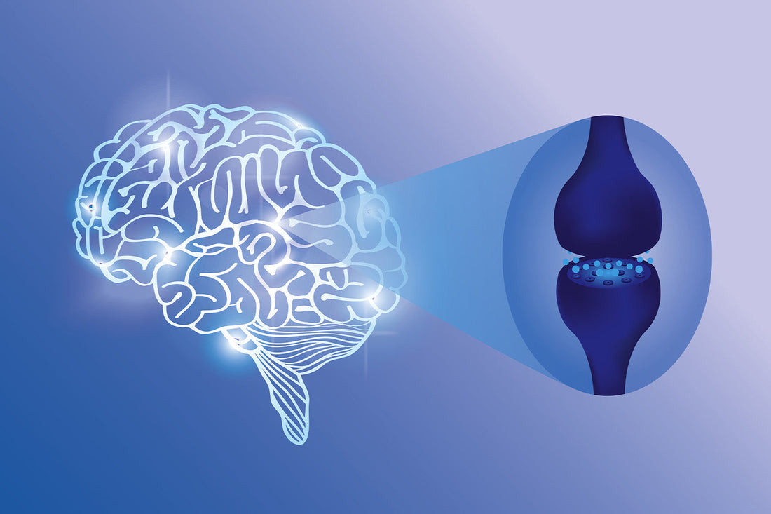Illustration of brain synapse connection on blue background.