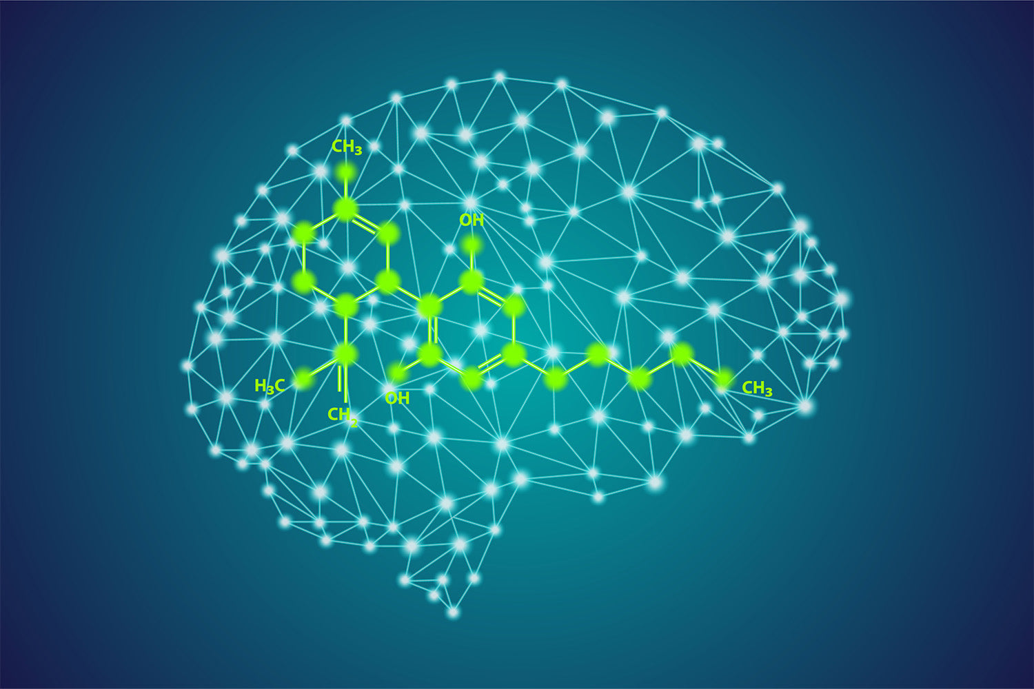 Neon molecular brain network on blue background.