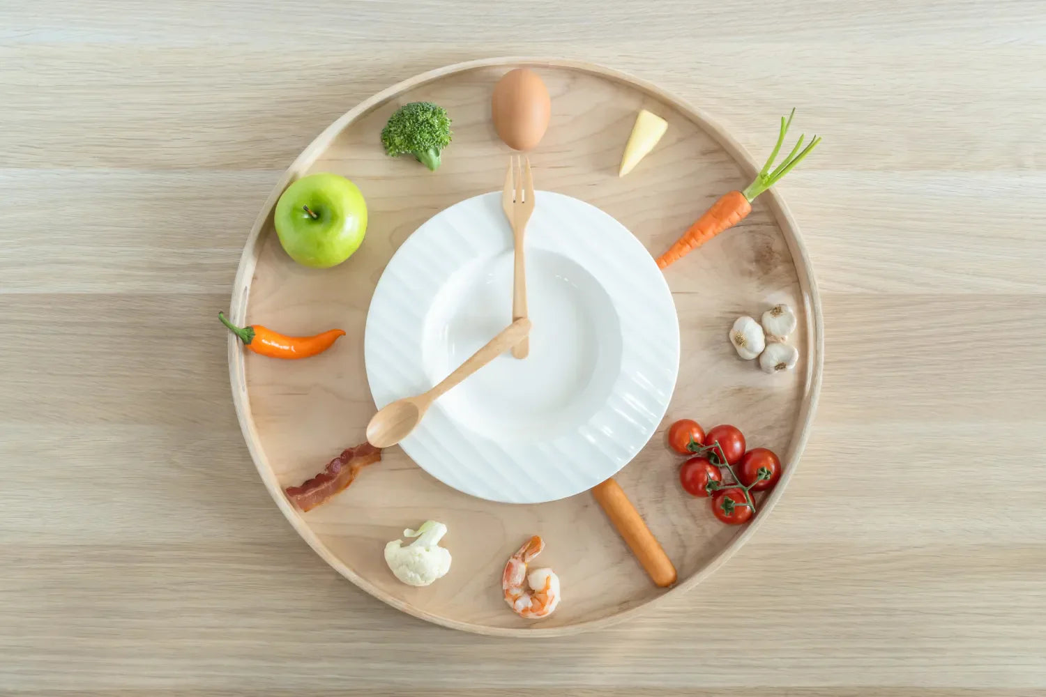 Plate with fork and spoon as clock hands surrounded by food items on a wooden table.