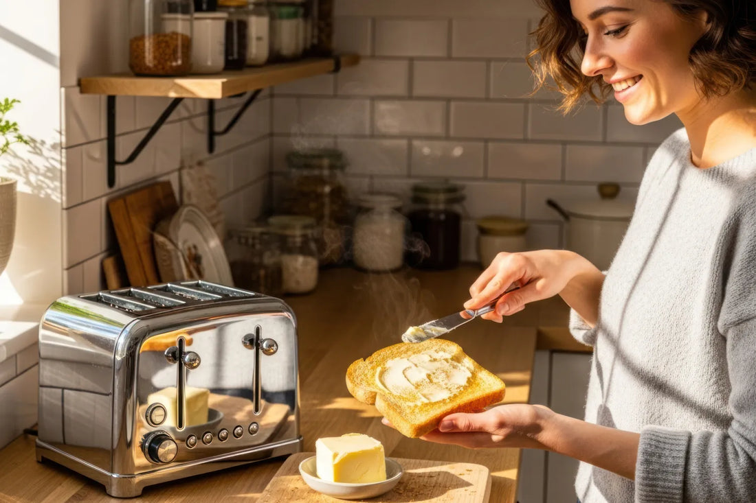 A woman in a kitchen spreading butter on toast with a stainless steel toaster in front of her.