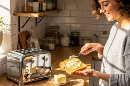 A woman in a kitchen spreading butter on toast with a stainless steel toaster in front of her.