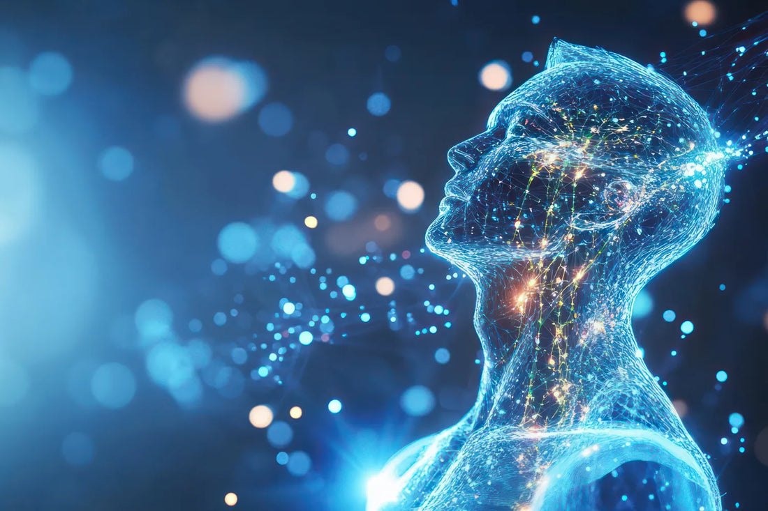 Digital human silhouette with glowing lines and bokeh lights.