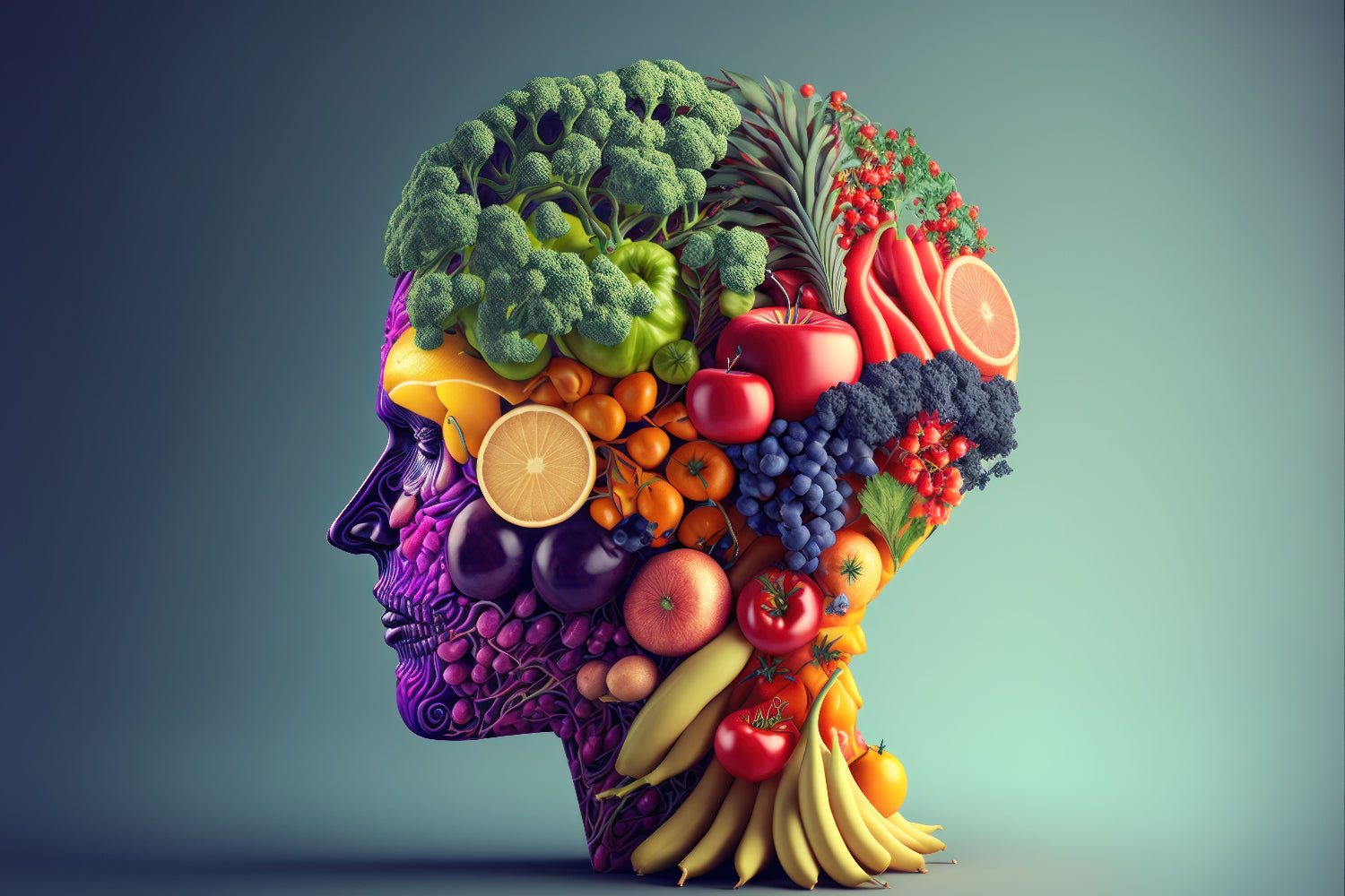 Colorful fruits and vegetables forming a human head shape representing nutrition and brain health.