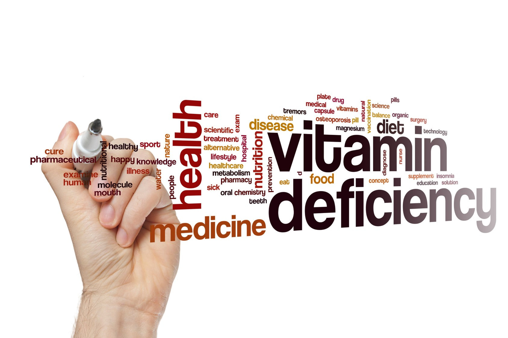 Hand writing vitamin deficiency word cloud on white background.