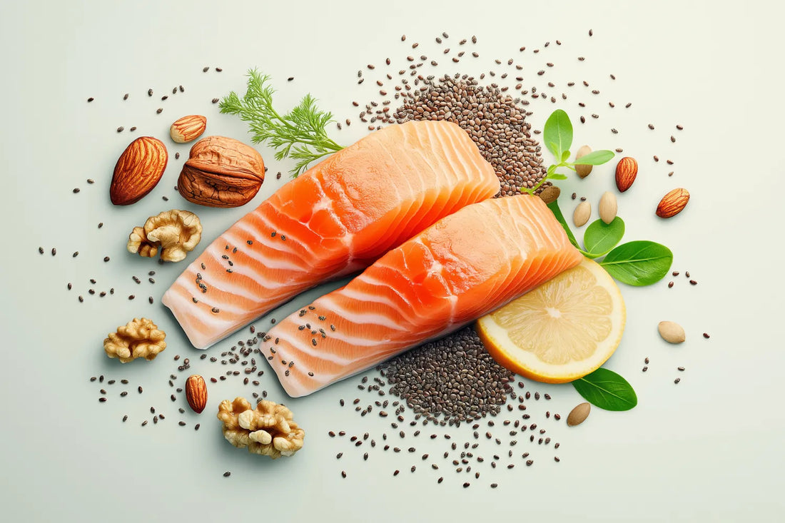 Fresh salmon with nuts, seeds, and lemon slices on a light background. Healthy omega-rich foods.