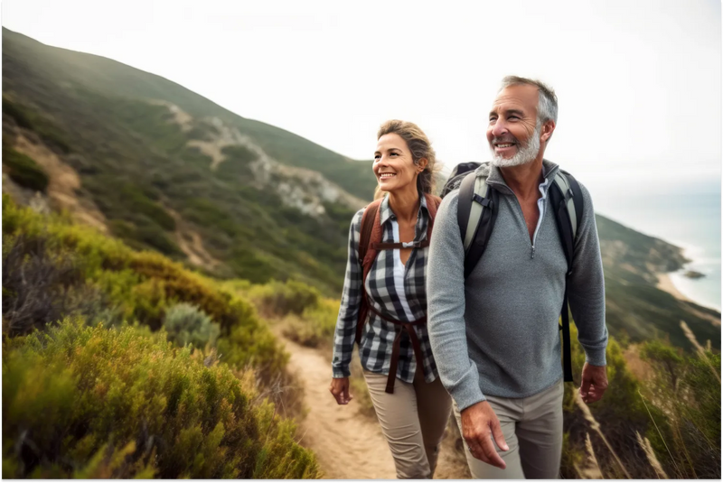 Happy couple hiking on a scenic mountain trail.