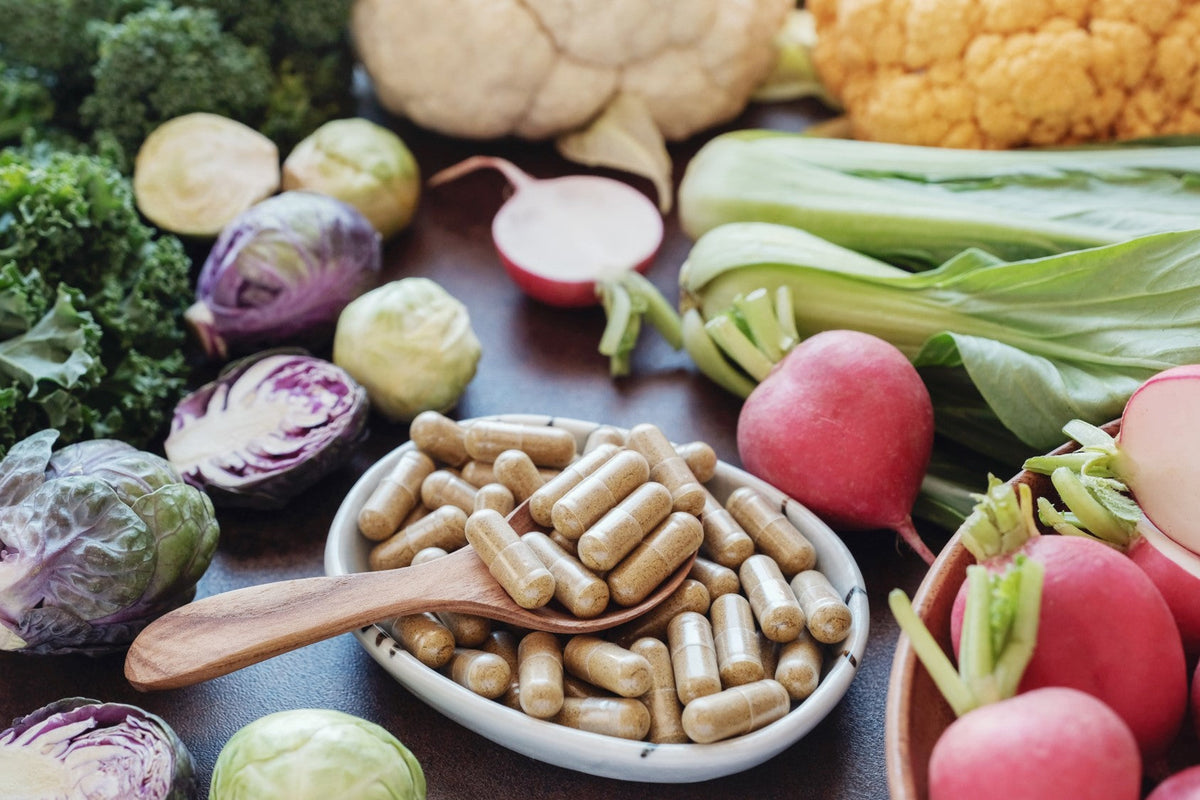 Dietary supplements with vegetables and leafy greens.