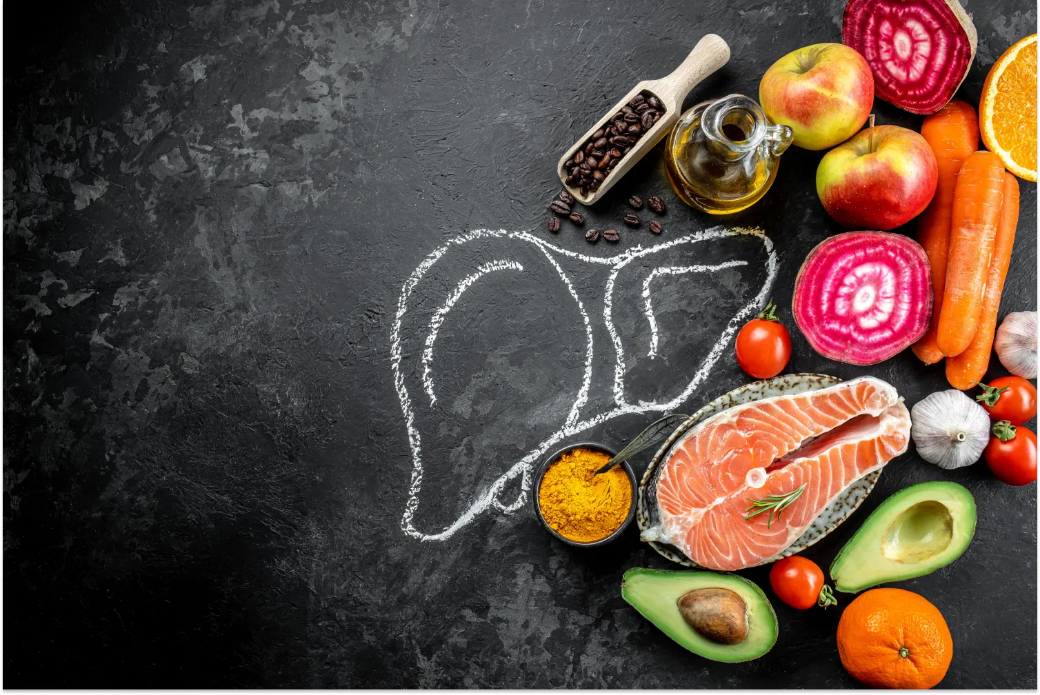 Healthy foods for liver health, featuring salmon, avocado, and fresh vegetables on a dark chalkboard background.