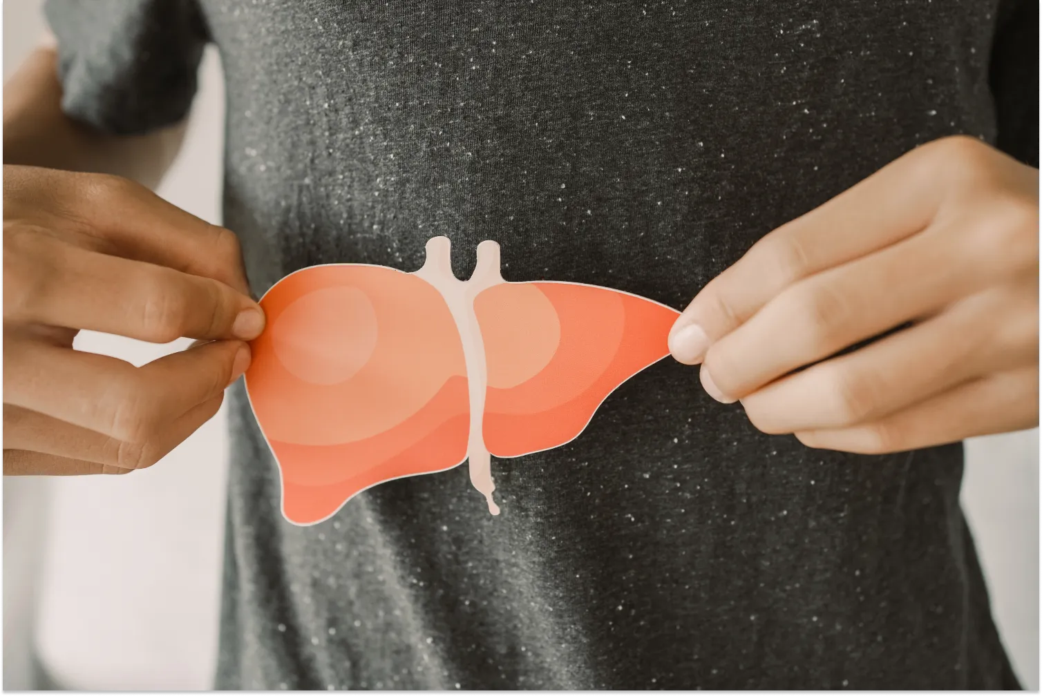 Person holding a liver illustration on a gray shirt.