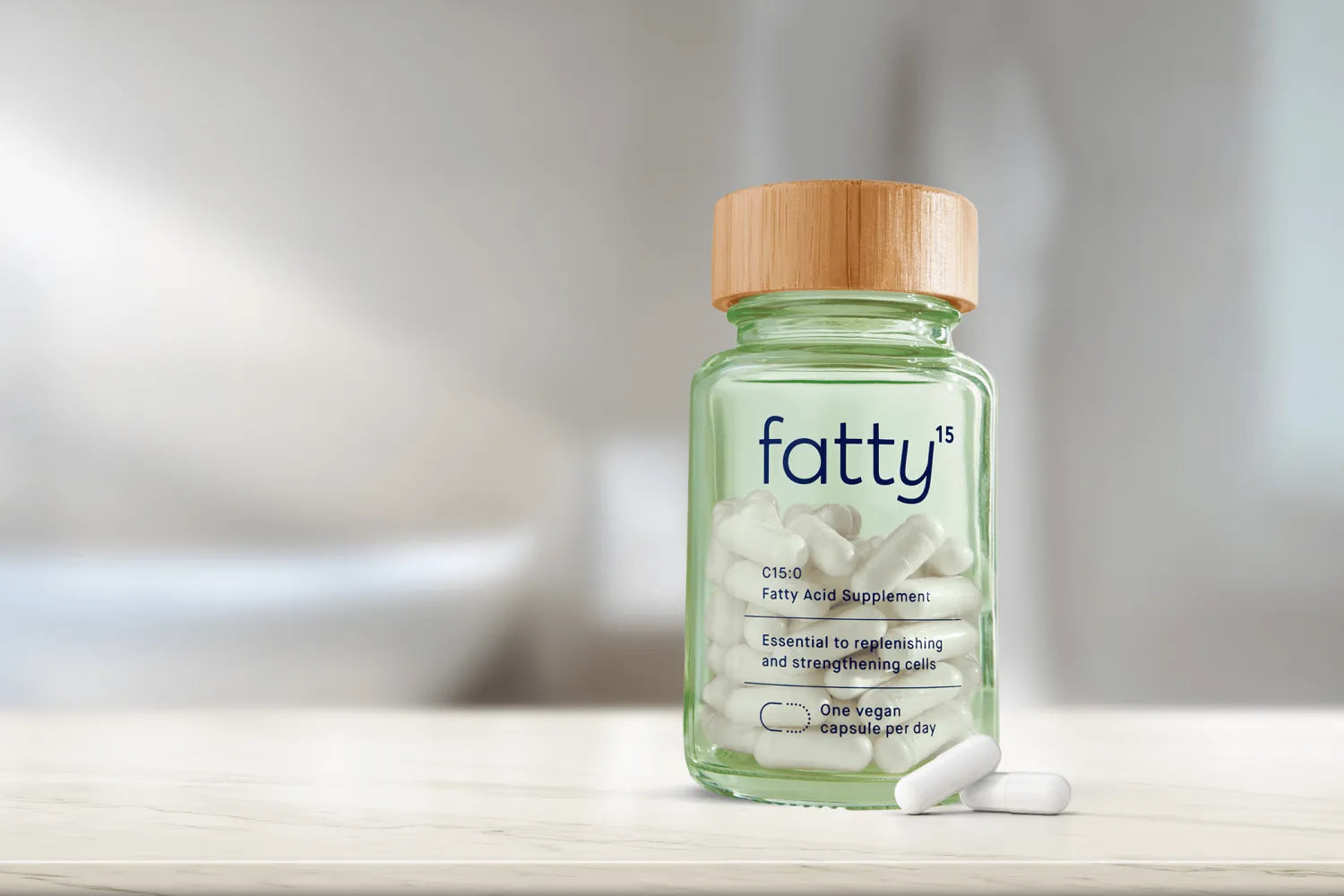 Fatty15's C15 supplement bottle on table.