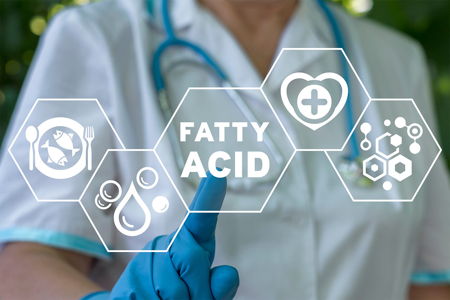 Doctor with fatty acid icons highlighting health benefits.