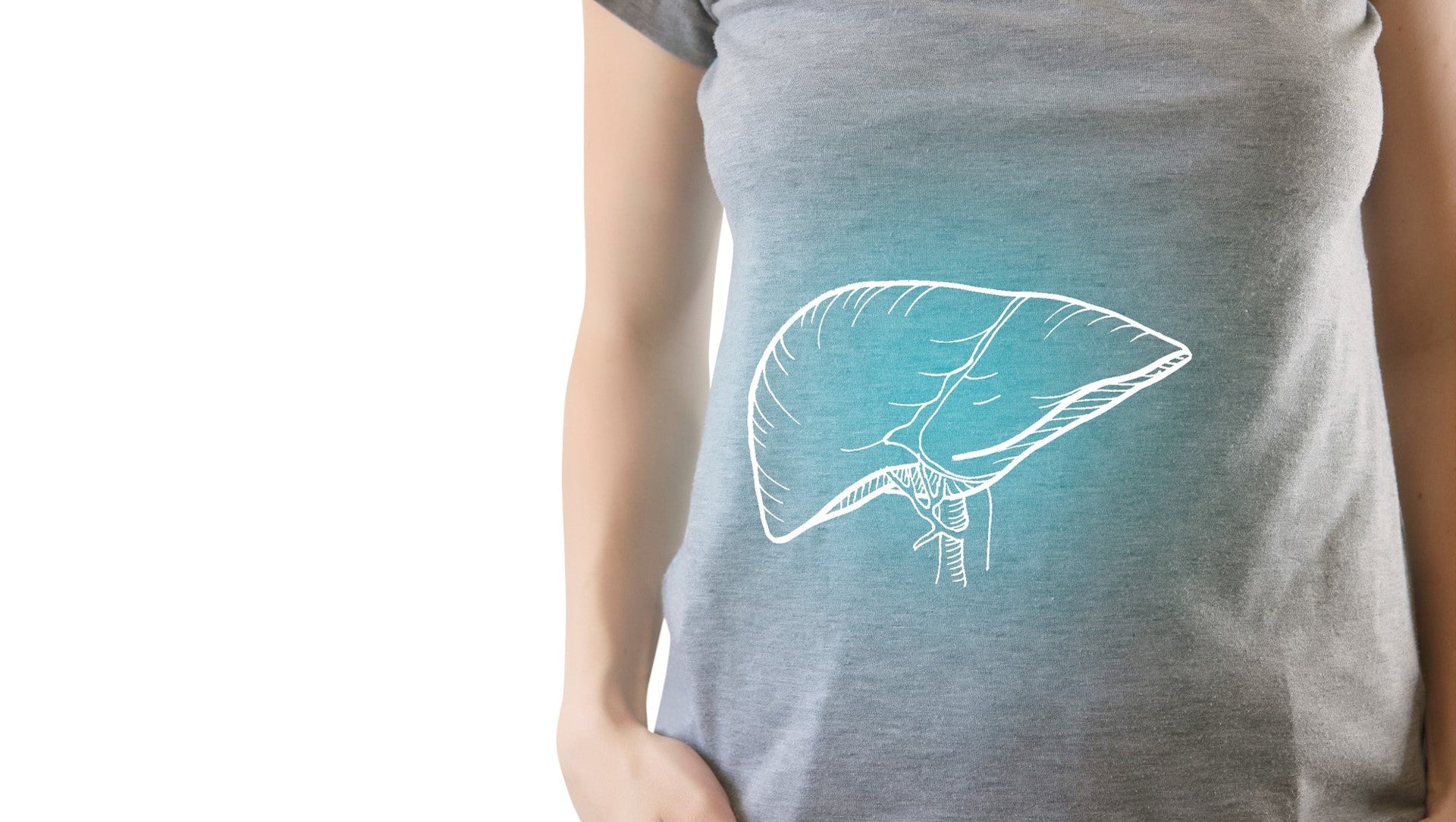 Person wearing shirt with liver illustration, highlighting liver health.