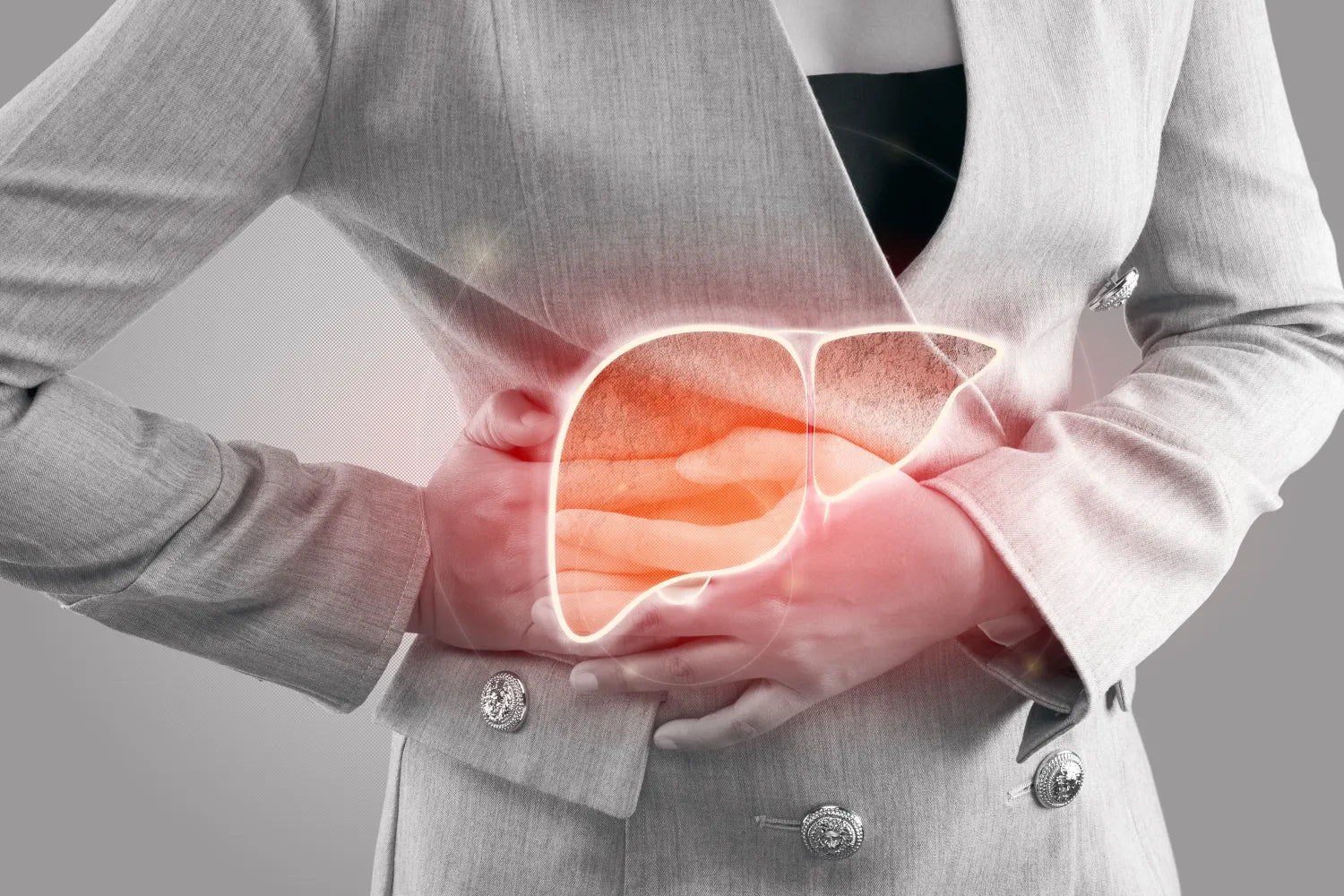 Woman clutching abdomen with liver highlighted, indicating liver pain or discomfort.