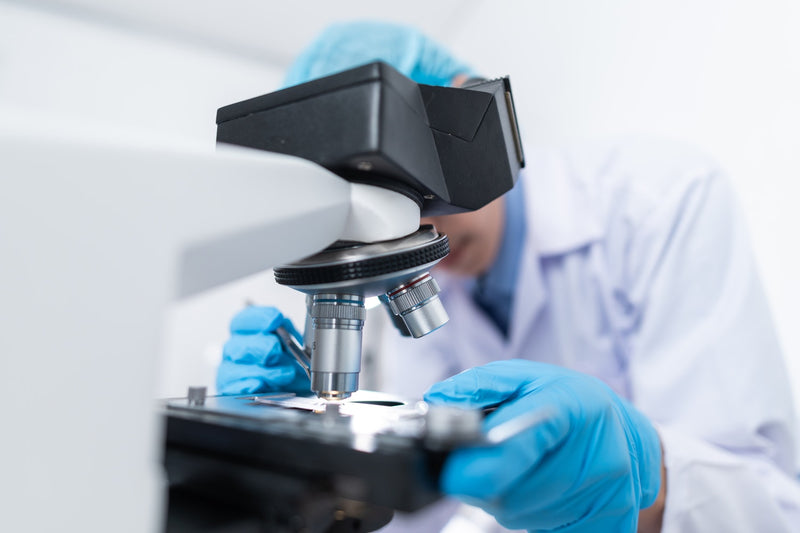 Scientist examining a sample through a microscope in a laboratory.
