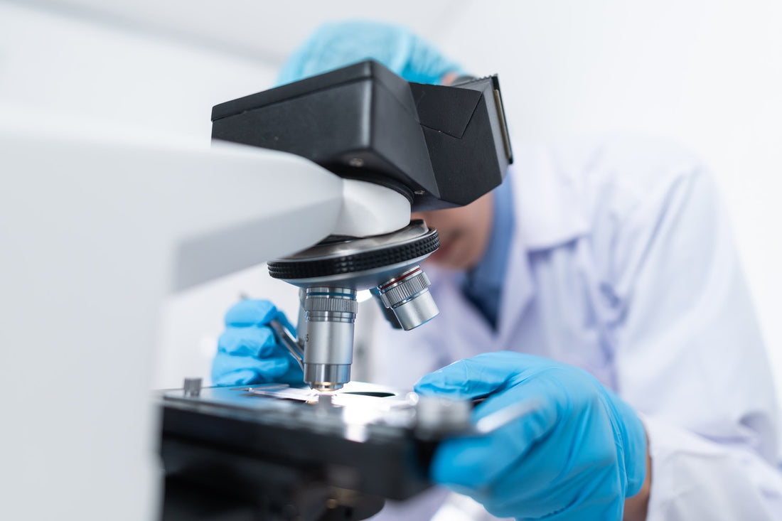 Scientist examining a sample through a microscope in a laboratory.