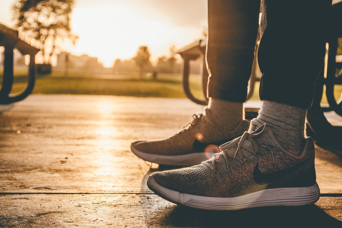 Running shoes at sunrise ready for a morning workout.