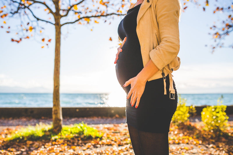 Pregnant woman at park with autumn leaves.