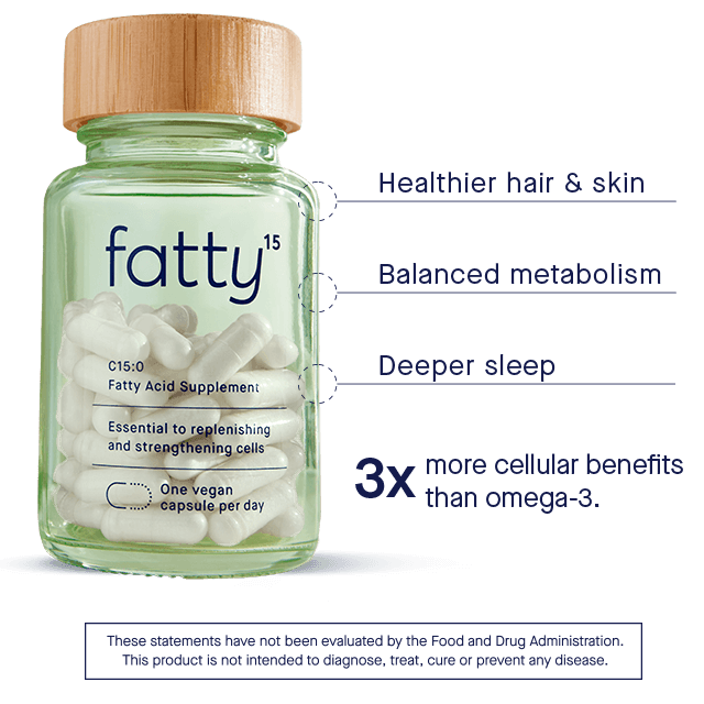 Fatty15's C15 supplement bottle with capsules and benefits outlined in text