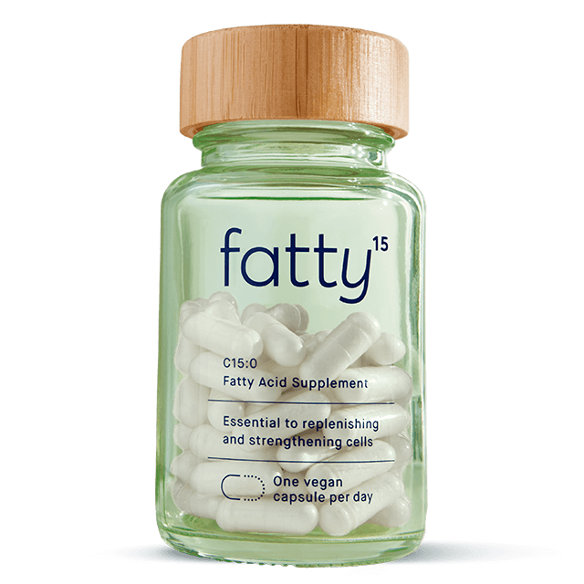 Fatty15's C15 supplement vegan capsules in a glass bottle