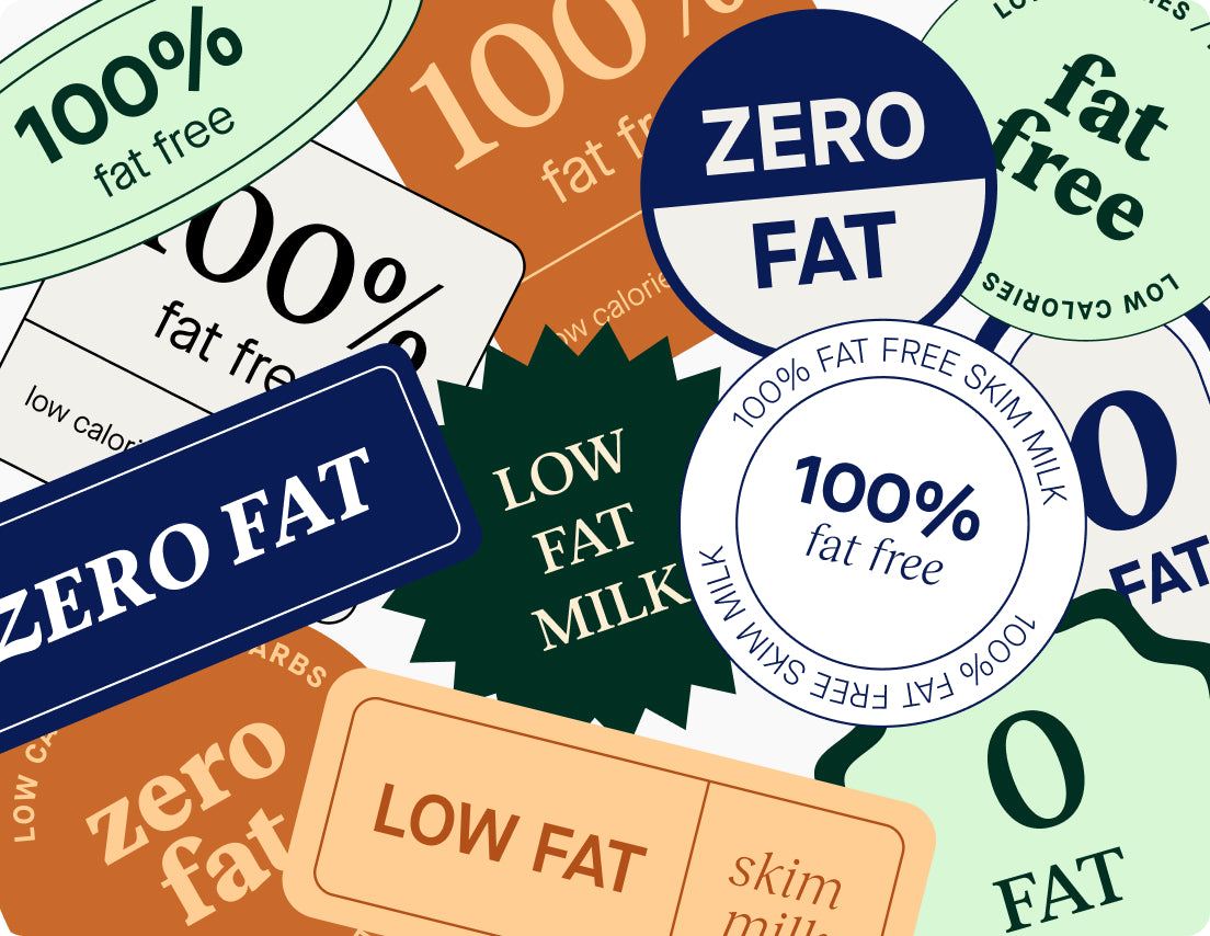 Various low fat and zero fat labels on products.