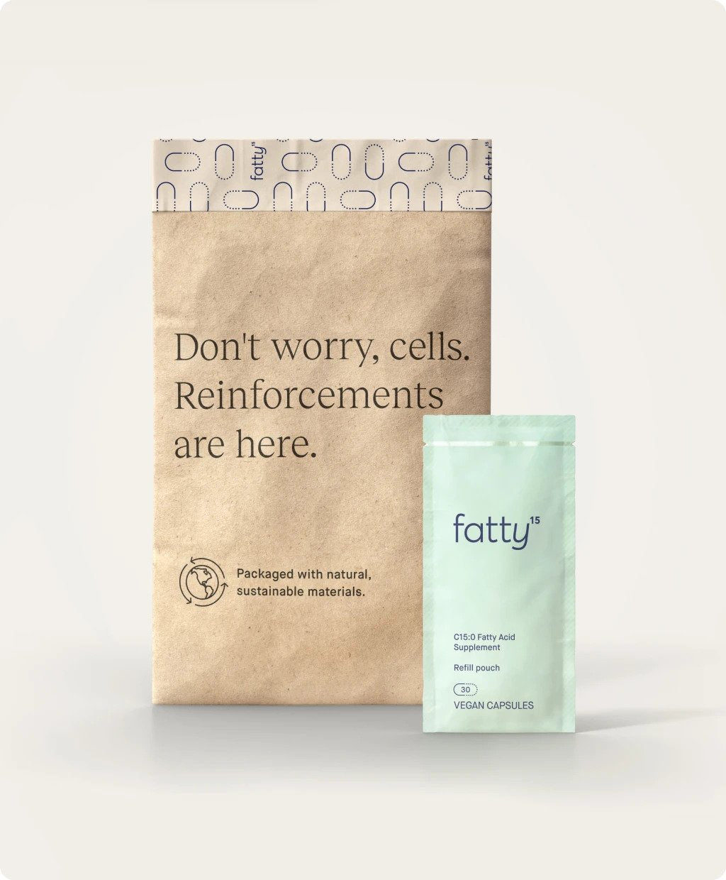 Fatty15's C15 supplement package with sustainable materials.