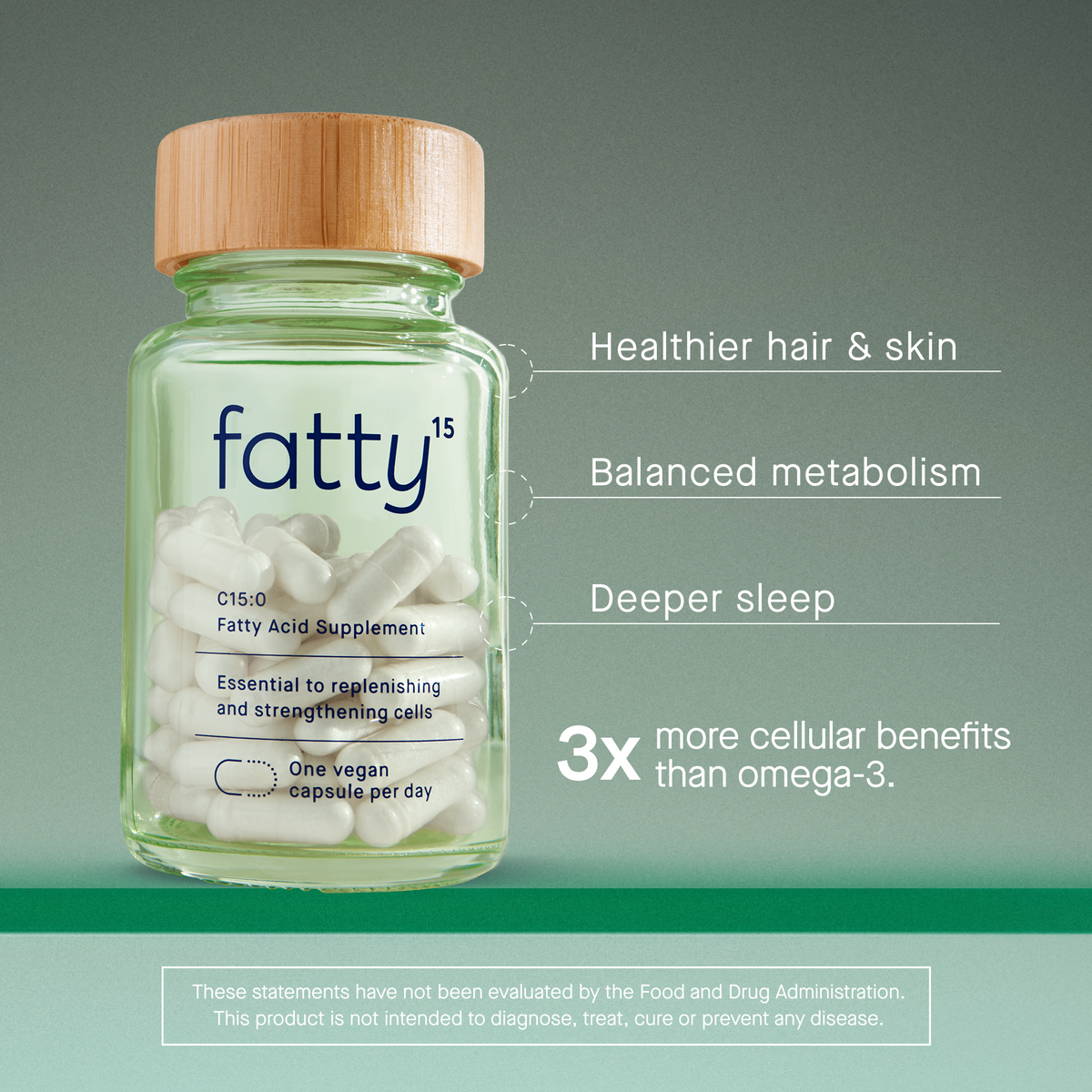 Fatty15's C15 supplement bottle with health benefits displayed.
