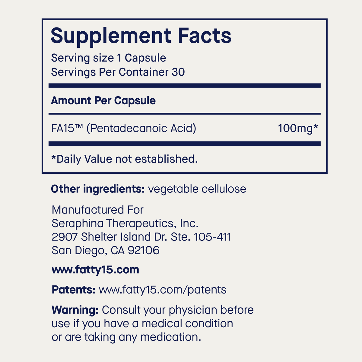 Fatty15's C15 supplement nutritional information label.