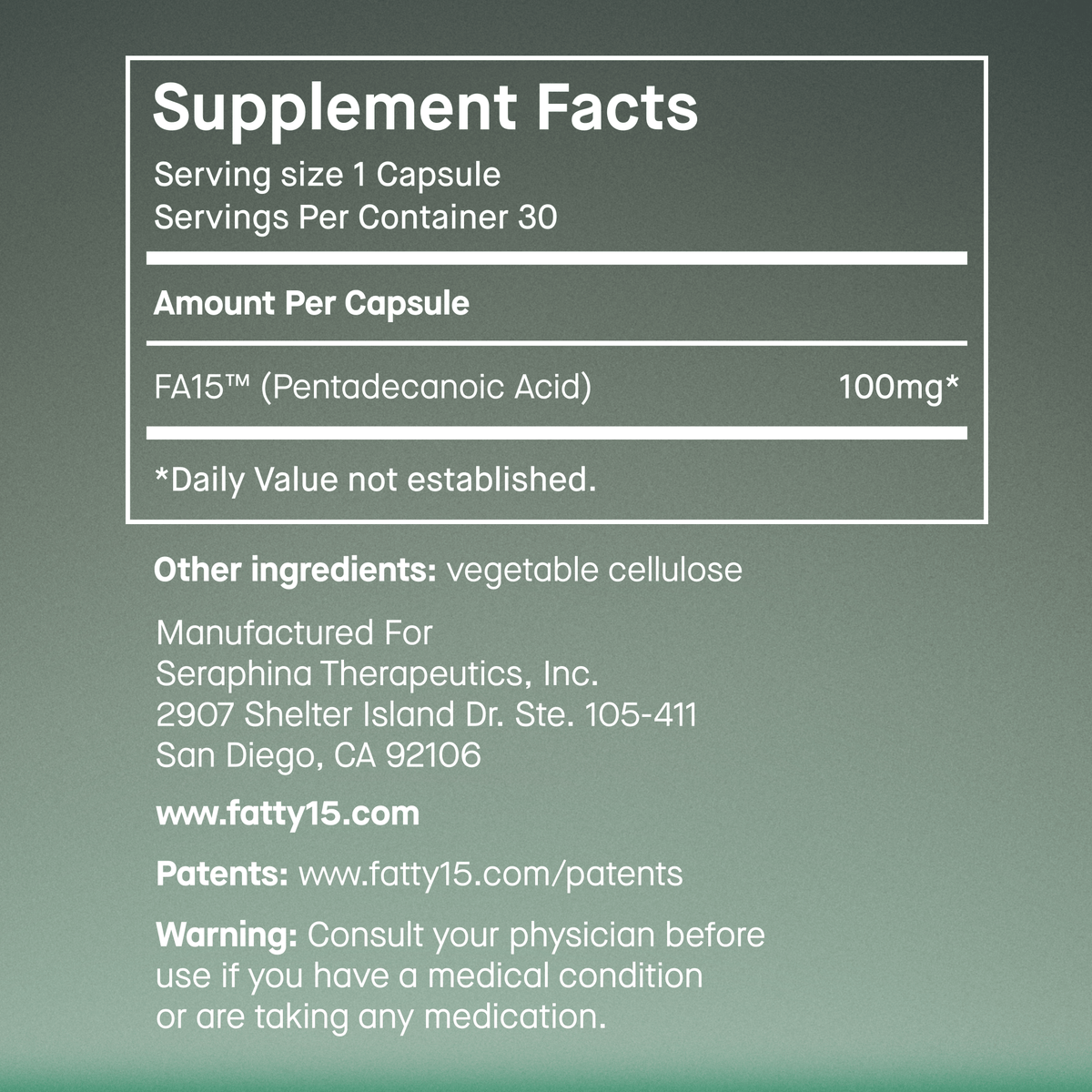 Fatty15's supplement facts label with 100mg C15 content details.