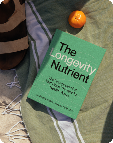 Beach scene featuring The Longevity Nutrient book on a towel with a sandal and mandarin.
