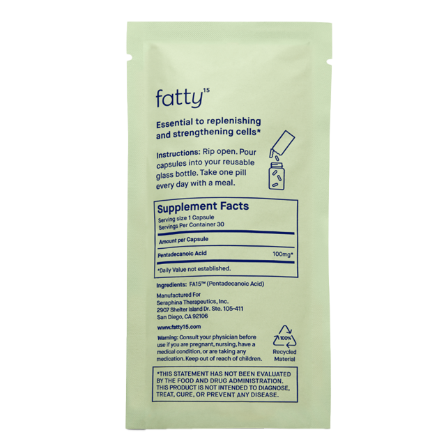 Fatty15's C15 supplement sachet with nutritional details.