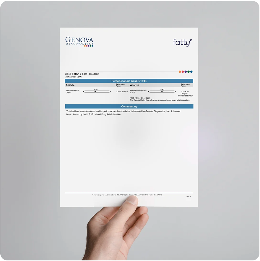 Hand holding lab test result for Fatty15's and C15 supplement verification.