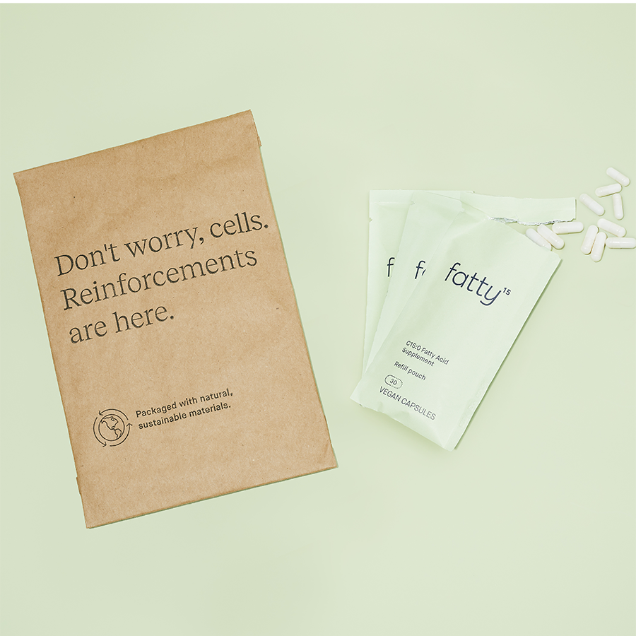 Pack of Fatty15's C15 supplement capsules with eco-friendly packaging.