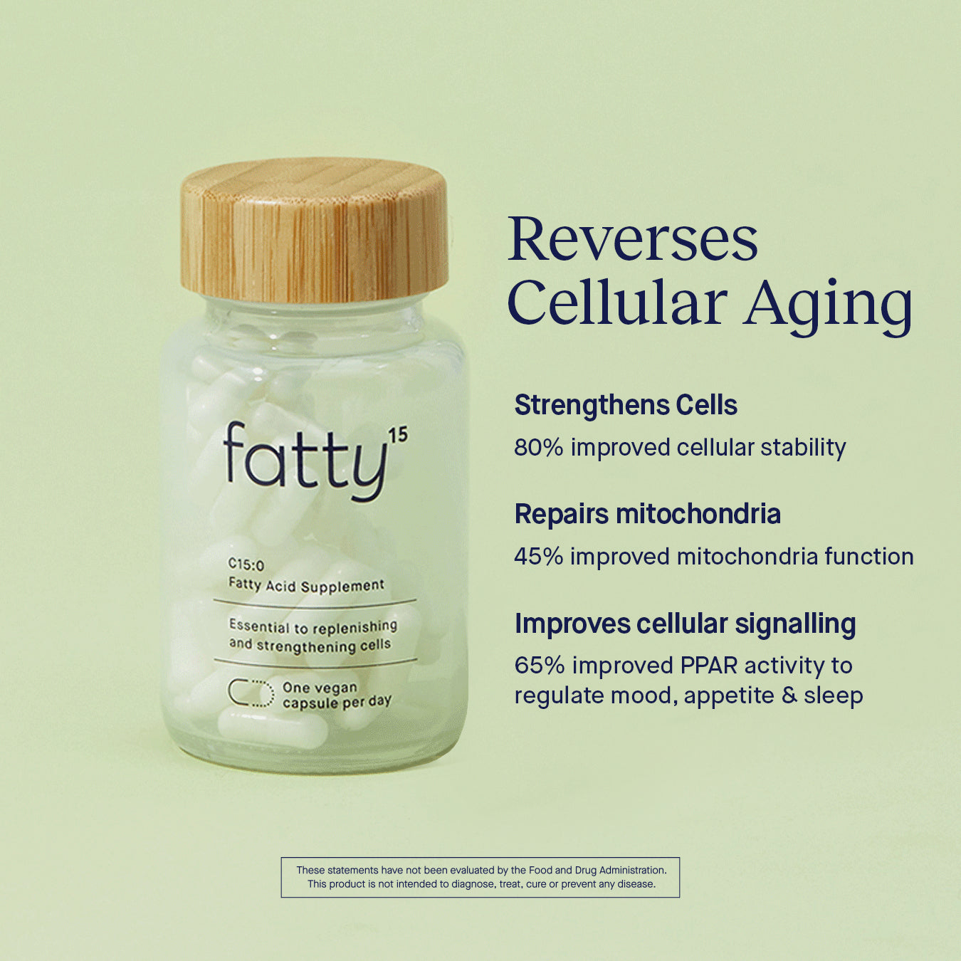 Fatty15's C15 supplement bottle with text highlighting benefits on green background.